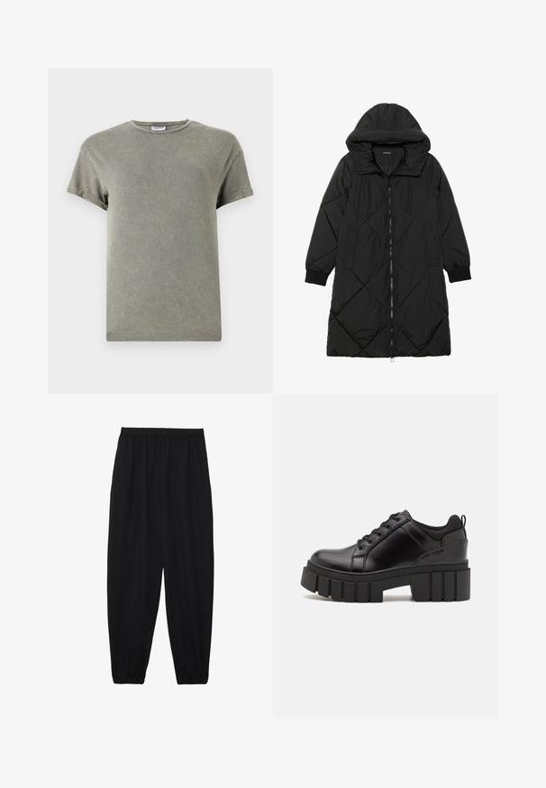 Fekete steppelt pufi kabát kapucnival, cipzáras záródással, oldalsó zsebekkel és elasztikus mandzsettákkal. Simább, vízlepergető anyag.; Fakó zöld póló, rövid ujjak, kerek nyakkivágás, puha pamut anyag, enyhén kopott textúra, laza fazon.; Fekete, könnyű nadrág elasztikus derékkal és ráncolt bokákkal. Az anyag sima és laza, szűkített dizájnnal rendelkezik.; Fekete bőr platform cipők vaskos blokk sarkakkal, kerek orral és hagyományos fűzős kialakítással. Simára csiszolt felület és minimális részletezés jellemzi.