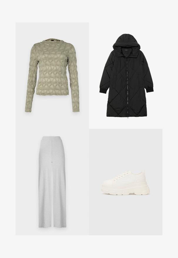 Must-havesinise mustris quiltitudis puffer jakk, millel on kapuuts, tõmblukk, küljetaskud ja elastsed varrukad. Sile, veekindel kangas.; Pikkade varrukatega särk tuhmrohelises toonis, millel on kergelt tõstetud teemantide tekstuuriga muster. Pehme kangas, millel on kerge säde ja ümar kaelus.; Heledad hallhalli ribatatud lai jalataskud kõrge vöökoht ja ees olev lõhe. Valmistatud pehmest kangast, millel on sile tekstuur.; Valge kangast tennis, millel on paks tald, ümar varvas ja viis augukeed lakkide jaoks. Tagumine silt lihtsaks jalga panemiseks. Sile tekstuur, minimalistik disain.