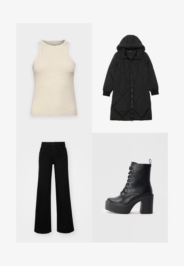 Svart vadderad jacka med huva, med dragkedja, sidofickor och elastiska ärmslut. Slät, vattenavvisande tyg.; Ärmelig topp med hög krage, tillverkad av strukturerad tyg med tunna horisontella beiga och vita ränder. Åtsittande design, utan synlig hårdvara.; Svarta vida byxor i denim, med en strukturerad midja, bältesöglor och framfickor. Slät textur med en klassisk design.; Svart läderankelboot med en kraftig blockklack, snörning framtill och texturerad yta. Har en flik på baksidan för enkel påtagning.