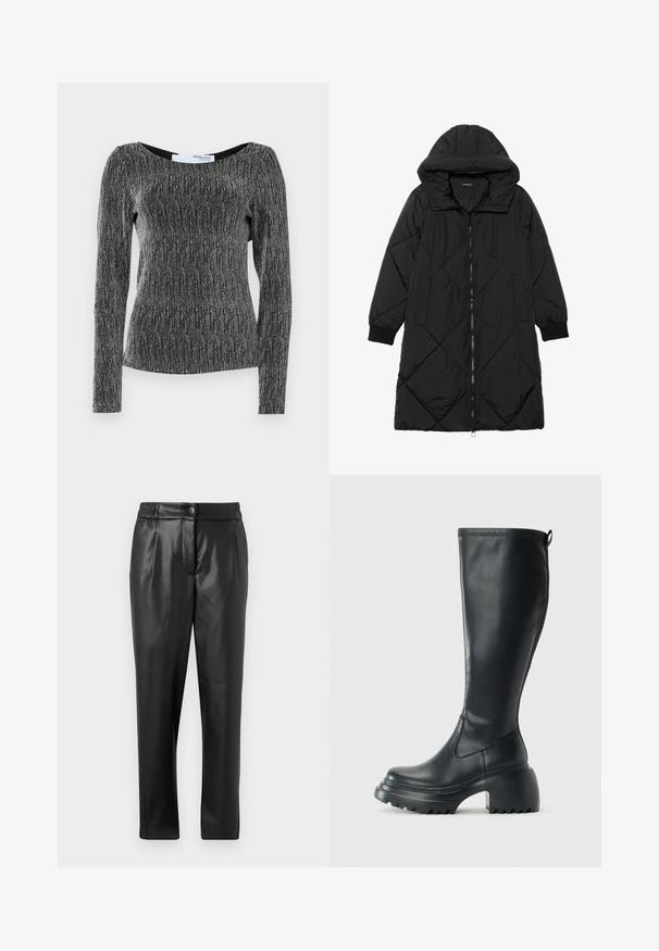 Zwarte gewatteerde pufferjas met een capuchon, voorzien van een ritssluiting, zijzakken en elastische manchetten. Glad, waterafstotend materiaal.; Zwarte long sleeve top met zilver metallic garen. Heeft een ronde halslijn en een aansluitende pasvorm met gestructureerde ribbels.; Zwarte leren broek met een gladde textuur, rechte pasvorm, elastische tailleband en een knoopsluiting aan de voorkant; geplooide details en taps toelopende pijpen.; Hoge zwarte leren laars met een chunky plateauzool en blokhak, voorzien van een trekband en een gestructureerd profiel op de buitenzool.