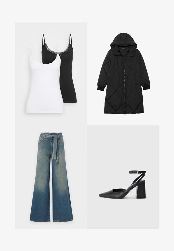 Czarna pikowana kurtka puchowa z kapturem, z zapięciem na zamek, bocznymi kieszeniami i elastycznymi mankietami. Gładki, wodoodporny materiał.; Dwie dopasowane koszulki na ramiączkach z koronkowym wykończeniem, jedna biała, a druga czarna, prezentujące się na jednolitym jasnym tle.; Szerokie spodnie dżinsowe z gradientem od jasnoniebieskiego do ciemnoniebieskiego, wysokim stanem, szlufkami na pasek oraz pasującym paskiem z tkaniny. Teksturowany wykończenie dżinsu.; Czarne skórzane czółenka z ostrym noskiem, z paskiem na kostce i grubym obcasem. Gładka faktura, elegancki design i minimalistyczna estetyka.
