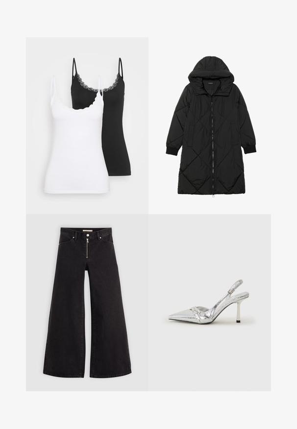 Abrigo acolchado negro con capucha, que cuenta con cierre de cremallera, bolsillos laterales y puños elásticos. Fabricado con un tejido liso y resistente al agua.; Dos camisetas de tirantes ajustadas con encaje, una en blanco y otra en negro, exhibidas sobre un fondo claro y liso.; Jeans de pierna ancha en denim negro con cierre frontal, diseño de cinco bolsillos y detalles de costura sutiles. Textura suave y estilo casual.; Zapato de tacón alto plateado tipo slingback con punta afilada, acabado metálico, dos correas decorativas y un tacón delgado con punta negra.