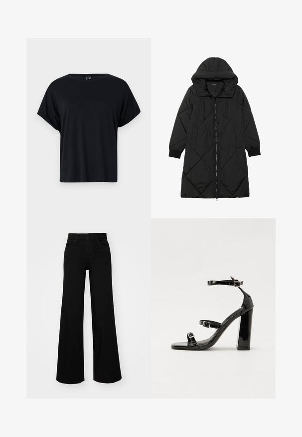 Čierna prešívaná páperová bunda s kapucňou, so zipsom, bočnými vreckami a elastickými manžetami. Hladká, vodeodolná tkanina.; Čierne tričko s krátkymi rukávmi vyrobené z jemnej bavlny. Má okrúhly výstrih a voľný strih. Hladká textúra bez viditeľných vzorov alebo akcentov.; Čierne široké nohavice z denimu s pevným pásom, pútkami na opasok a prednými vreckami. Hladká štruktúra s klasickým dizajnom.; Čierne lakované sandále na podpätku so štvorcovou špičkou, navlečenými remienkami okolo členku a striebornými prackami. Disponujú masívnym blokovým podpätkom pre stabilitu.