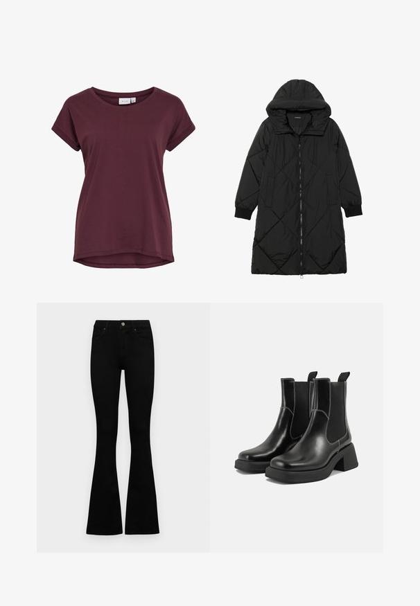 Black quilted puffer coat with a hood, featuring a zip closure, side pockets, and elastic cuffs. Smooth, water-resistant fabric.; Burgundy short-sleeve t-shirt featuring a round neckline, slightly longer back, and rolled cuffs, made from soft fabric.; Black high-waist jeans with a button and zip closure, front pockets, and flared legs laid flat on a white background.; Black leather Chelsea boots with a chunky heel, elastic side panels, and contrasting white stitching. Textured finish.