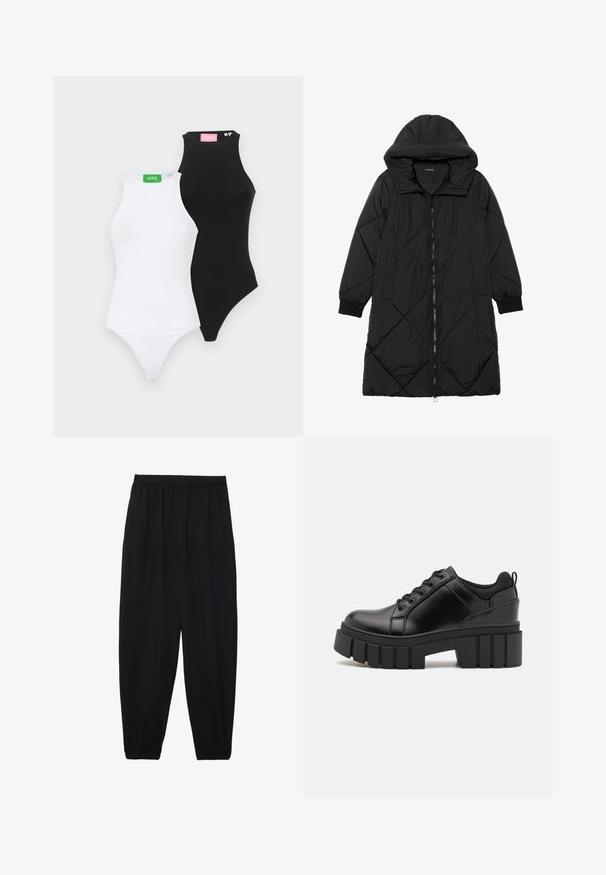 Fekete steppelt pufi kabát kapucnival, cipzáras záródással, oldalsó zsebekkel és elasztikus mandzsettákkal. Simább, vízlepergető anyag.; Két formázott body, az egyik fekete, a másik fehér, magas nyakkivágással és tanga szabással. Mindkettőn kontrasztos címke található, zöld és rózsaszín színben.; Fekete, könnyű nadrág elasztikus derékkal és ráncolt bokákkal. Az anyag sima és laza, szűkített dizájnnal rendelkezik.; Fekete bőr platform cipők vaskos blokk sarkakkal, kerek orral és hagyományos fűzős kialakítással. Simára csiszolt felület és minimális részletezés jellemzi.