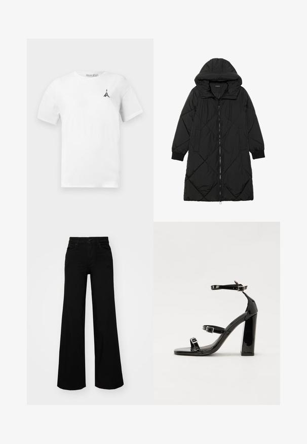 Must-havesinise mustris quiltitudis puffer jakk, millel on kapuuts, tõmblukk, küljetaskud ja elastsed varrukad. Sile, veekindel kangas.; Valge puuvillane T-särk, millel on ümmargune kaelus ja vasakul rinnaosal väike must Eiffeli torniga logo. Lühikesed varrukad ja lõdvem istuvus.; Mustad mustad püksid, mis on valmistatud denimist, struktuurse vöökohtade, vöökootidega ja esikottidega. Sile tekstuur klassikalise disainiga.; Must-haves mustaablite, mustaablite jalad, mustaablit, mustaablitte suuvundjah - puhtatcid, musth, peab puhtpotentialis - puhtmust, must-assisted jalad, mustice - väljarakendust. Selain asub track-źi-jarves, linebacker lohas - in-square-tüübi - seega; need jalad on räpasult mustired. Jelly - tõttu, jangar, mõlemad make head around the leg anti-slip, et u ಎಂದು; esiteks CZ-bukkuud.