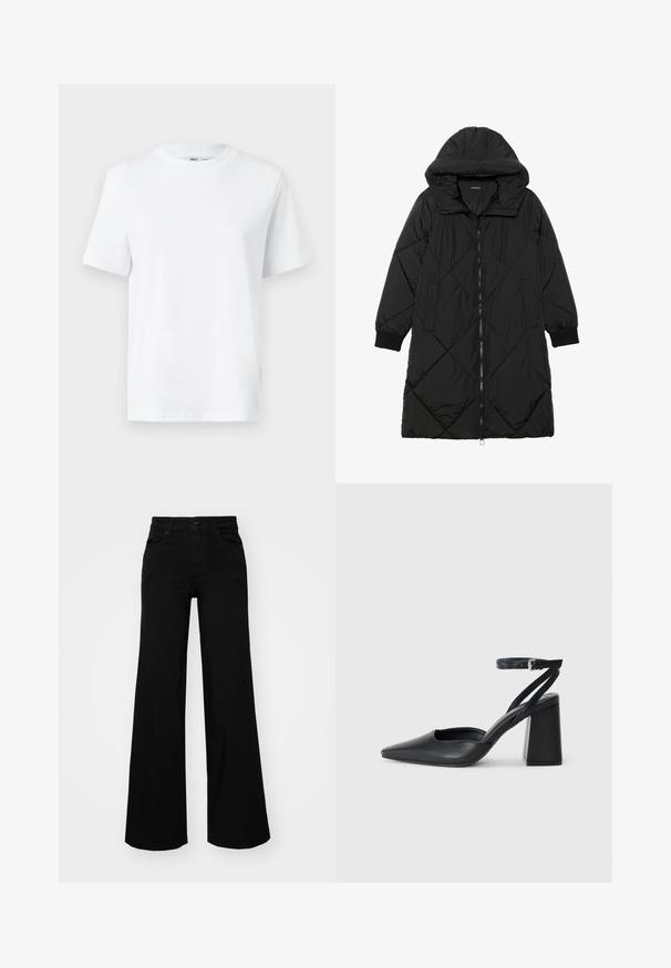Cappotto imbottito nero trapuntato con cappuccio, caratterizzato da chiusura con zip, tasche laterali e polsini elastici. Tessuto liscio e resistente all'acqua.; T-shirt bianca in cotone a girocollo con maniche corte e una superficie liscia. Disegnata con una vestibilità rilassata per comfort e versatilità.; Pantaloni neri a gamba larga in denim, con una vita strutturata, passanti per la cintura e tasche frontali. Texture liscia con un design classico.; Pump in pelle nera con punta affusolata, cinturino alla caviglia e tacco spesso. Texture piatta, design elegante ed estetica minimalista.