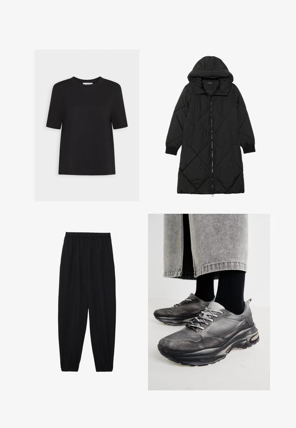 Casaco puffer acolchoado preto com capuz, apresentando um fecho de correr, bolsos laterais e punhos elásticos. Tecido suave e à prova d'água.; T-shirt de algodão preto com gola redonda, mangas curtas e bainha reta. Design simples, sem padrões ou acentos visíveis.; Calças pretas, leves, com um cinto elástico e punhos franzidos. O tecido é suave e apresenta um design relaxado e afunilado.; Sapatilhas atléticas pretas e cinzentas apresentam um upper em malha, solas espessas e atacadores. Têm um bico arredondado e detalhes de amortecimento visíveis.