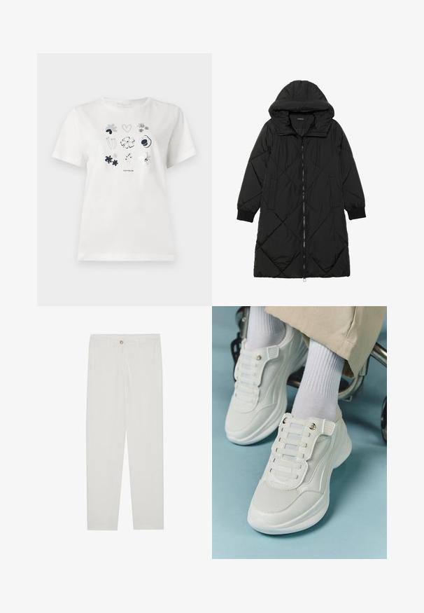 Crna tkanina sa štepom puffer kaput s kapuljačom, sa zatvaračem na zip, bočnim džepovima i elastičnim manžetama. Glatka, vodootporna tkanina.; Bijela pamučna majica s printom cvijeća i srca u tamnoplavoj i sivoj boji. Okrugli izrez i kratki rukavi, ležeran kroj.; Bijele, krojene hlače ravnog kroja, s kopčanjem na dugme, petljama za remen i bočnim džepovima; glatka tekstura tkanine.; Bijele tenisice s mrežastim materijalom, gumeni potplat, dizajn bez vezica s elastičnim trakama i zlatnim detaljima.