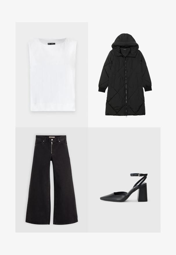 Manteau matelassé noir avec capuche, doté d'une fermeture éclair, de poches latérales et de poignets élastiques. Tissu lisse et résistant à l'eau.; Top sans manches blanc avec un col rond, fabriqué en tissu doux. Ourlet droit sans motifs ni embellissements visibles.; Jean large en denim noir avec une fermeture éclair à l'avant, un design à cinq poches et des détails de couture subtils. Texture lisse et style décontracté.; Escarpin noir en cuir à bout pointu avec une bride de cheville et un talon épais. Texture lisse, design élégant et esthétique minimaliste.