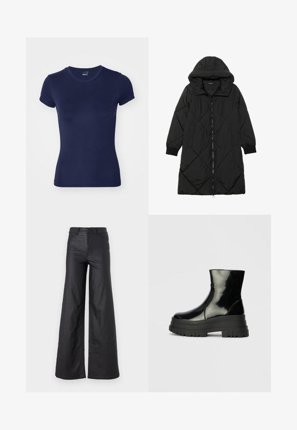 Geacă puffer neagră, matlasată, cu glugă, având închidere cu fermoar, buzunare laterale și manșete elastice. Material neted, rezistent la apă.; Gina Tricot SOFT TOUCH TOP - Tricou basic - black iris; Pantaloni negri, cu picioare largi, dintr-un material de piele ecologică. Prezentază talie înaltă, bucle pentru curea, două buzunare frontale și detalii cusute.; Botine negre, lucioase, până la gleznă, cu talpă groasă și vârf rotund, vedere laterală pe un fundal gri deschis, simplu.