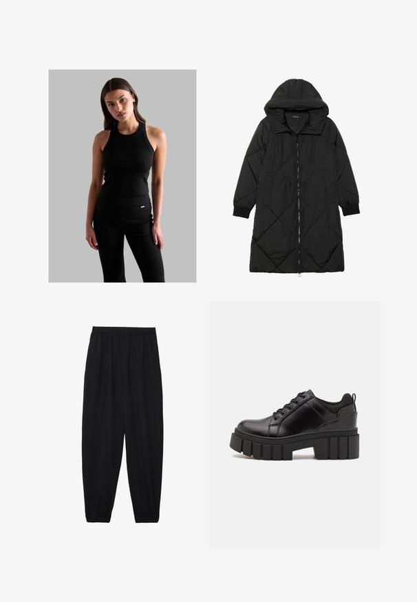 Zwarte gewatteerde pufferjas met een capuchon, voorzien van een ritssluiting, zijzakken en elastische manchetten. Glad, waterafstotend materiaal.; Zwarte geribbelde tanktop met een ronde hals, aansluitend ontwerp en dunne bandjes, gecombineerd met zwarte high-waisted broek met een klein logo-detail.; Zwarte, lichte broek met een elastische tailleband en gathered enkels. De stof is glad en heeft een ontspannen, taps toelopend ontwerp.; Zwarte leren platform schoenen met een stevige blokhak, ronde neus en een traditionele vetersluiting. Kenmerkt zich door een gladde textuur en minimale details.