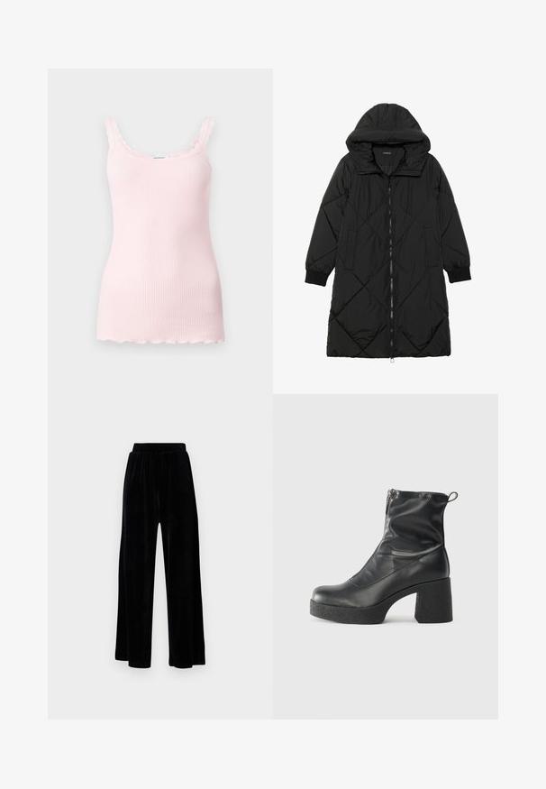 Black quilted puffer coat with a hood, featuring a zip closure, side pockets, and elastic cuffs. Smooth, water-resistant fabric.; Light pink ribbed tank top with scalloped edges and adjustable straps. Soft texture, fitted design, and a straight hem at the bottom.; Black wide-leg trousers made of soft velvet, featuring an elastic waistband and a smooth texture, with no visible detailing or patterns.; Black ankle boots made of smooth leather, featuring a side zipper, chunky textured heel, and rounded toe design.