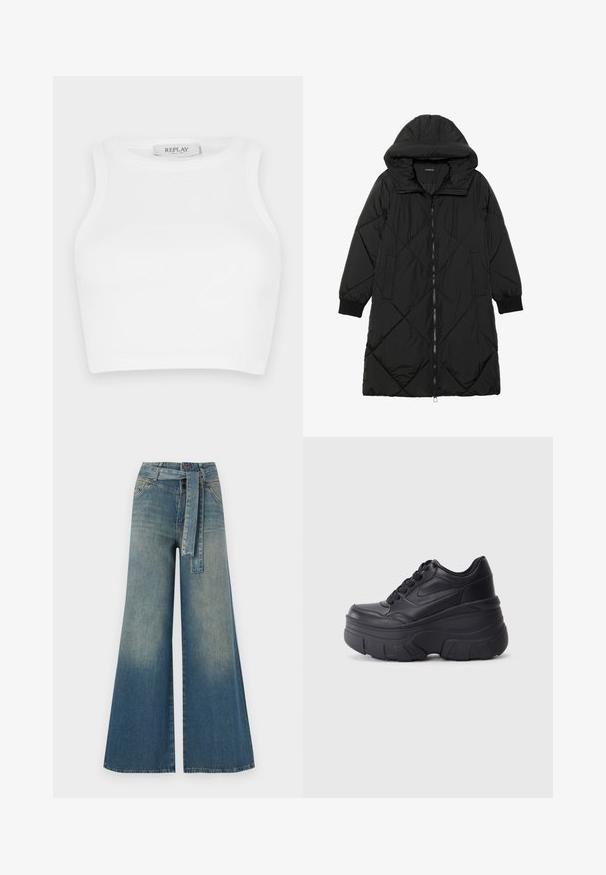 Svart quiltet puffjakke med hette, med glidelås, sidelommer og elastiske mansjetter. Glatt, vannavvisende stoff.; Hvit ribbestrikket crop topp med rund hals og uten ermer. Merket viser "REPLAY" nær halsen. Jevn tekstur over hele plagget.; Bredde ben jeans med en lyseblå til mørkeblå gradient, høyt liv, beltehemper og et matchende belte i samme stoff. Teksturert denimoverflate.; Sorte snøresko med tykk såle, med et glatt læroverdel, rund tå og distinkt lagdelt plattformdesign.
