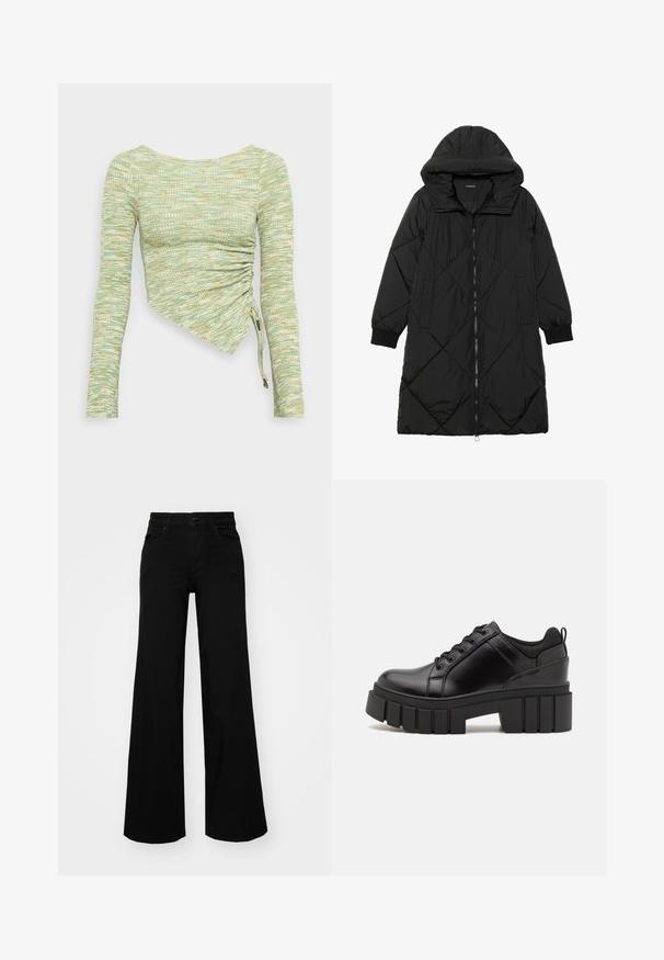 Čierna prešívaná páperová bunda s kapucňou, so zipsom, bočnými vreckami a elastickými manžetami. Hladká, vodeodolná tkanina.; Dlhý rukáv top z textúrovaného látkového materiálu v mätovo zelenej a žltej farbe, s asymetrickým strihom a bočným riasením a šnúrkami na leme.; Čierne široké nohavice z denimu s pevným pásom, pútkami na opasok a prednými vreckami. Hladká štruktúra s klasickým dizajnom.; Čierne kožené platformy s masívnym blokovým podpätkom, okrúhlou špičkou a tradičným šnurovaním. Má hladký povrch a minimálne detaily.