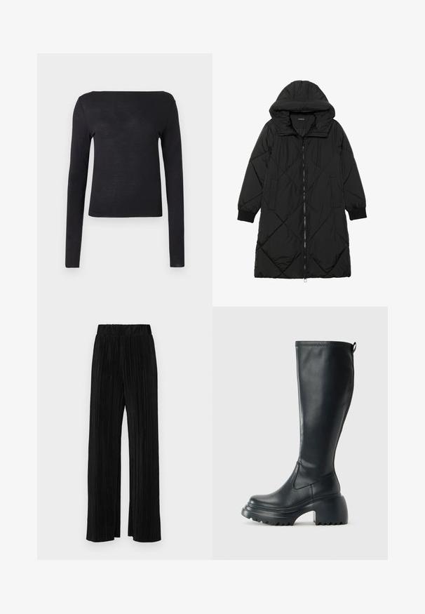 Črna prešita puffer jakna s kapuco, ki ima zadrgo, stranske žepe in elastične manšete. Gladek, vodoodporen material.; Črna dolga majica z dolgimi rokavi, ravnim ovratnikom in prilegajočim krojem, narejena iz mehkega, lahkega materiala. Preprosta in enobarvna, brez vzorcev.; Črne plisirane hlače z elastičnim pasom. Imajo široke noge in gladko, teksturirano tkanino z navpičnimi črtami.; Visoka črna usnjena škornja s debelim podplatnim solejem in blok peto, opremljena s potegom in strukturiranim profilom na podplatu.