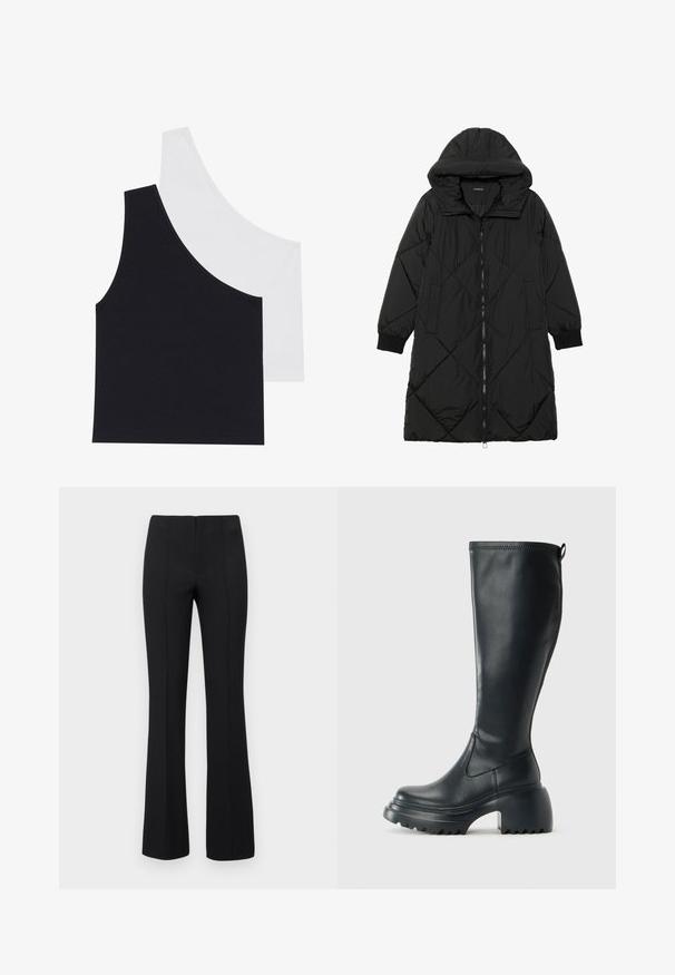 Cappotto imbottito nero trapuntato con cappuccio, caratterizzato da chiusura con zip, tasche laterali e polsini elastici. Tessuto liscio e resistente all'acqua.; Canottiere a righe in bianco e nero con scollo asimmetrico; morbido tessuto misto cotone; design aderente; senza hardware o modelli visibili.; Pantaloni neri a zampa d'elefante con una texture a coste e vita aderente. Il design presenta cuciture verticali per un aspetto snello. Nessun hardware visibile.; Stivale lungo in pelle nera con suola piatta robusta e tacco a blocco, dotato di linguetta e battistrada testurizzato sulla suola.