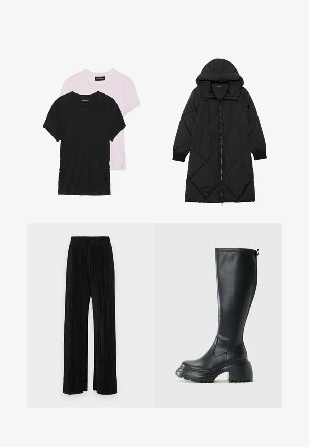 Czarna pikowana kurtka puchowa z kapturem, z zapięciem na zamek, bocznymi kieszeniami i elastycznymi mankietami. Gładki, wodoodporny materiał.; Dwie koszulki: jedna czarna, a druga jasnoróżowa. Obie mają okrągłe dekolty i krótkie rękawy, wykonane z miękkiego, lekkiego materiału.; Czarne spodnie plisowane z elastycznym paskiem w talii. Posiadają szerokie nogawki oraz gładki, teksturowany materiał z pionowymi paskami.; Wysokie czarne skórzane botki z masywną platformą i słupkowym obcasem, z uchwytem i teksturowanym bieżnikiem na podeszwie.