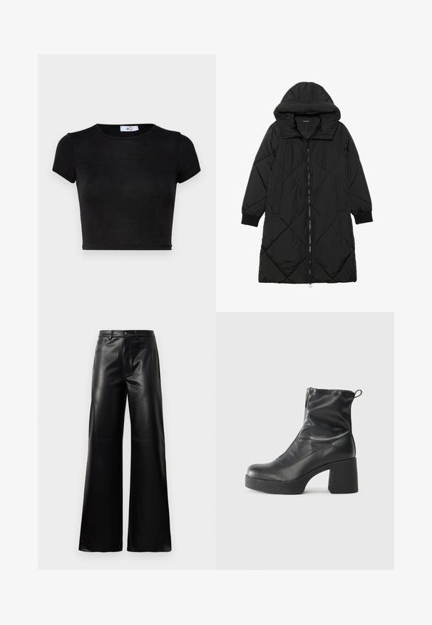 Must-havesinise mustris quiltitudis puffer jakk, millel on kapuuts, tõmblukk, küljetaskud ja elastsed varrukad. Sile, veekindel kangas.; Must have pühajumal, lühikeste varrukatega, lühendatud t-särk. Valmistatud siledast kangast, ümmarguse kaelusega ja minimaalsete detailidega. Pehme tekstuur, ilma mustrite või aktsentideta.; Mustad talje laiad jalad kunstnahast püksid esipaneeli nööbi ja lukuga, vöödega ja küljetaskutega valge tausta peal.; Mustad mustad ansapüksid, mis on valmistatud siledast nahast, külje zipperiga, paksu tekstuuriga kontsaga ja ümmarguse nina disainiga.