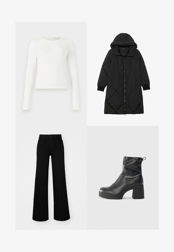 Schwarze, gesteppten Puffermantel mit Kapuze, ausgestattet mit einem Reißverschluss, seitlichen Taschen und elastischen Bündchen. Glattes, wasserabweisendes Material.; Weißes Langarmshirt mit Rippstruktur und Rundhalsausschnitt. Glatte Textur, figurbetonter Schnitt und keine sichtbaren Muster oder Akzente. Schlichter und minimalistischer Stil.; Schwarze weit geschnittene Hose aus Denim, mit einem strukturierten Bund, Gürtelschlaufen und Fronttaschen. Glatte Textur mit klassischem Design.; Schwarze Stiefeletten aus glattem Leder mit seitlichem Reißverschluss, klobigem strukturiertem Absatz und runder Zehenform.