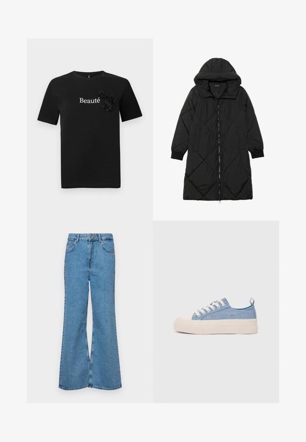Black quilted puffer coat with a hood, featuring a zip closure, side pockets, and elastic cuffs. Smooth, water-resistant fabric.; Black cotton t-shirt featuring short sleeves, a crew neck, and the word "Beauté" in white, adorned with three fabric flower accents.; Light blue flared jeans made of denim, featuring a high waist, five pockets, and a single button closure. Soft texture with faded finish.; Light blue canvas sneakers with a cream rubber toe cap and outsole, featuring white laces and a pull tab on the heel.