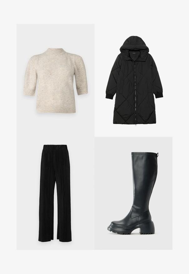 Juodas siūtais pūkų paltas su gobtuvu, turintis užtrauktuką, šonines kišenes ir elastines rankoves. Lygus, vandeniui atsparus audinys.; Trumpets su trumpu, aukšta apykakle, pagamintas iš minkšto, šviesiai smėlinio mezginio, su mažais perlų akcentais priekyje ir raukšlėtomis rankovėmis bei apatine dalimi.; Juodi plisuoti kelnės su elastine juosta. Turėkite plačias kojas ir glotnų, tekstūrinį audinį su vertikaliais dryžiais.; Ilgas juodos odinės batai su masyvi platforma ir stačiakampiu kulnu, turintys traukimo kilpą ir tekstūruotą pado raštą.