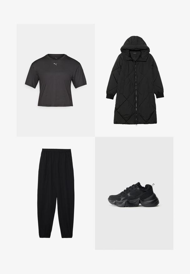 Fekete steppelt pufi kabát kapucnival, cipzáras záródással, oldalsó zsebekkel és elasztikus mandzsettákkal. Simább, vízlepergető anyag.; Fekete rövid ujjú póló, rövidített fazon, nedvességelvezető anyagból készült. Kicsi ezüst Puma logó található a mellkasán.; Fekete, könnyű nadrág elasztikus derékkal és ráncolt bokákkal. Az anyag sima és laza, szűkített dizájnnal rendelkezik.; Fekete sportcipők sima és textúrált anyagok keverékével, vastag talppal, kerek formával és díszítő varrással. Puha, plüss szegéllyel rendelkezik.