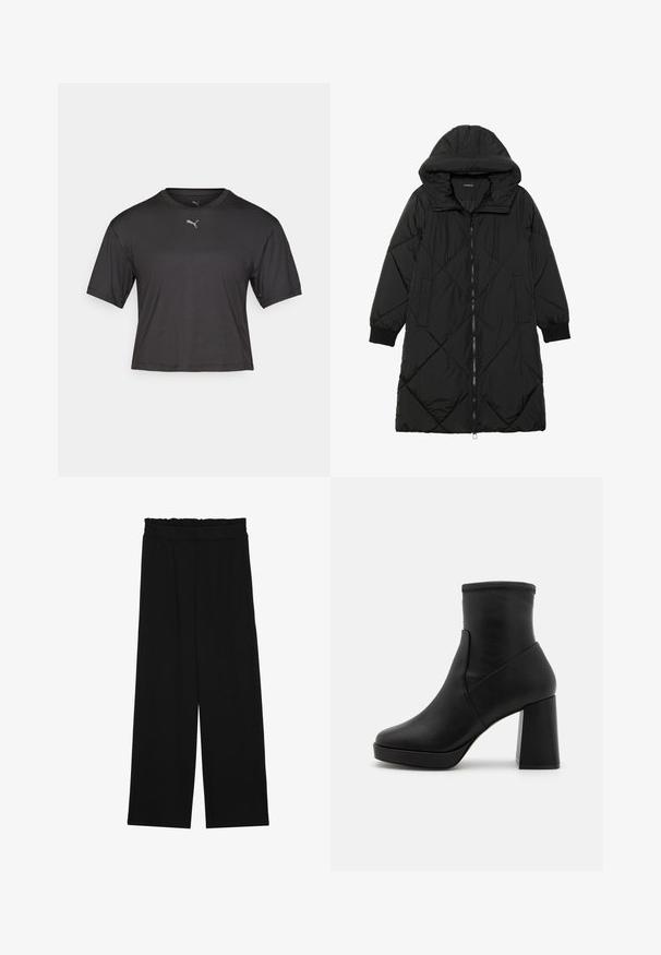 Musta tikattu puhvittakki hupulla, jossa on vetoketjukiinnitys, sivutaskut ja elastiset hihansuut. Sujuva, vettä hylkivä kangas.; Musta lyhythihainen t-paita, lyhennetty malli, valmistettu kosteutta siirtävästä kankaasta. Rinnassa pieni hopeinen Puma-logo.; Musta leveälahkeinen housut, joissa on röyhelövyötärö, kaksi sivutaskua ja sileä, kevyt kangas. Ei näkyviä kuvioita tai metalliosia.; Musta nahkasaapas nilkkapituisella varrella, jossa on korkea lohkarekenkä, sileä pinta ja tiukka yläosa. Ominaisuuksiin kuuluu saumattomasti suunniteltu rakenne ilman näkyviä kiinnittimiä.