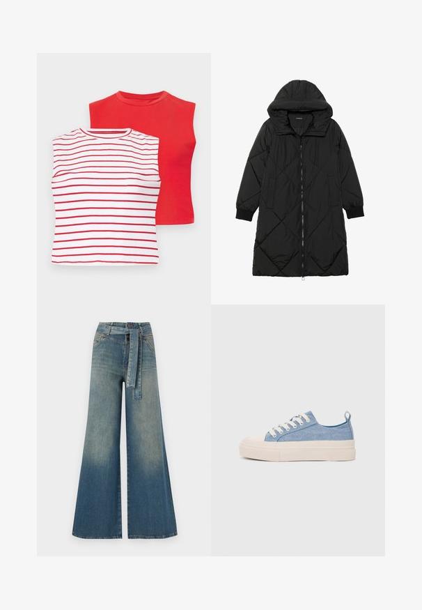 Black quilted puffer coat with a hood, featuring a zip closure, side pockets, and elastic cuffs. Smooth, water-resistant fabric.; Two short-sleeve tops: one red solid color and one white with horizontal red stripes. Both have rounded necklines and a soft cotton texture.; Wide-leg denim trousers featuring a light to dark blue gradient, high waist, belt loops, and a matching fabric belt. Textured denim finish.; Light blue canvas sneakers with a cream rubber toe cap and outsole, featuring white laces and a pull tab on the heel.