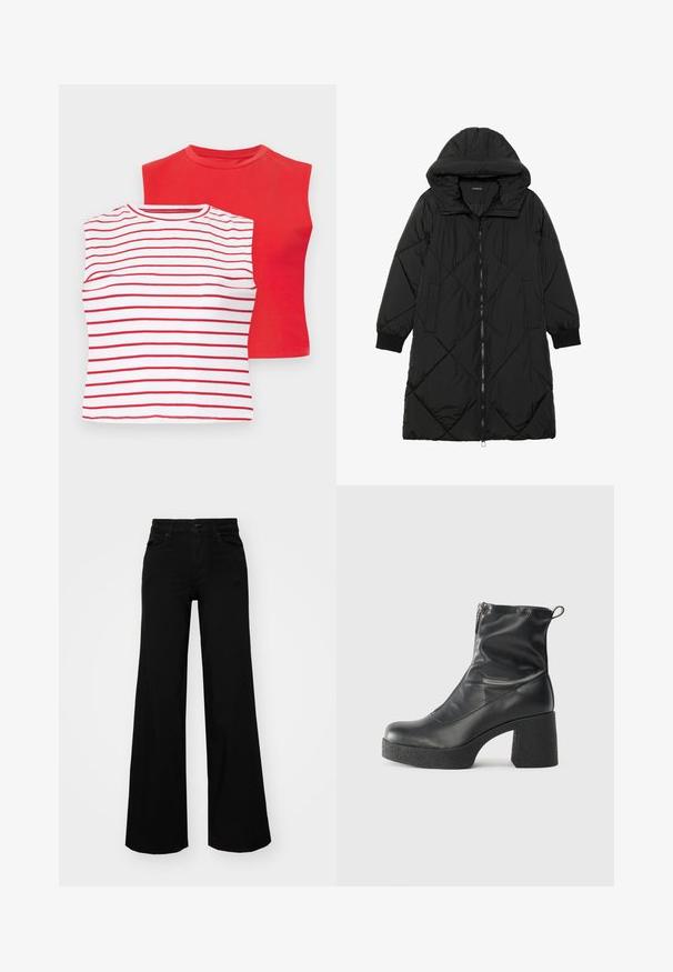 Černá prošívaná péřová bunda s kapucí, vybavená zipovým zapínáním, bočními kapsami a elastickými manžetami. Hladká, voděodolná tkanina.; Dvě trička s krátkým rukávem: jedno červené jednobarevné a jedno bílé s vodorovnými červenými pruhy. Obě mají kulaté výstřihy a měkkou bavlněnou strukturu.; Černé široké kalhoty vyrobené z denimu, s pevným pasem, poutky na opasek a předními kapsami. Hladká textura s klasickým designem.; Černé kotníkové boty vyrobené z hladké kůže, s bočním zipem, robustním strukturovaným podpatkem a kulatou špičkou.