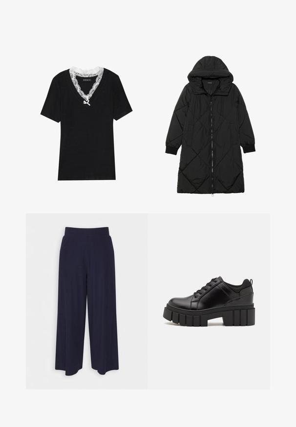 Casaco puffer acolchoado preto com capuz, apresentando um fecho de correr, bolsos laterais e punhos elásticos. Tecido suave e à prova d'água.; Camiseta preta de manga curta com decote em V, apresentando um colarinho de renda branca e um pequeno laço na gola. Tecido suave e macio.; Calças largas em tecido azul-marinho escuro com uma textura ribada. Apresenta uma cintura suave e uma silhueta fluida, atingindo o comprimento até metade da panturrilha.; Sapatos de plataforma em couro preto com um salto bloco robusto, bico redondo e design clássico de atacadores. Apresentam uma textura suave e detalhes mínimos.