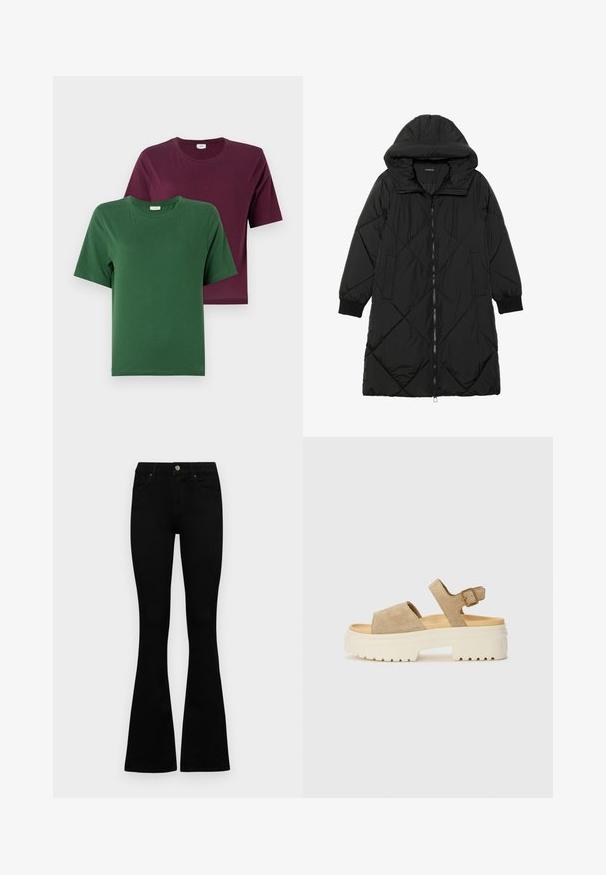 Casaco puffer acolchoado preto com capuz, apresentando um fecho de correr, bolsos laterais e punhos elásticos. Tecido suave e à prova d'água.; Duas t-shirts de manga curta: uma verde e uma bordeaux, feitas de algodão suave, com golas redondas e designs simples.; Jeans pretos de cintura alta com fecho de botão e zíper, bolsos frontais e pernas largas dispostos em cima de um fundo branco.; Sandálias de camurça em bege claro com uma tira larga e fivela ajustável no tornozelo. Sola branca robusta com padrão texturizado para maior aderência.