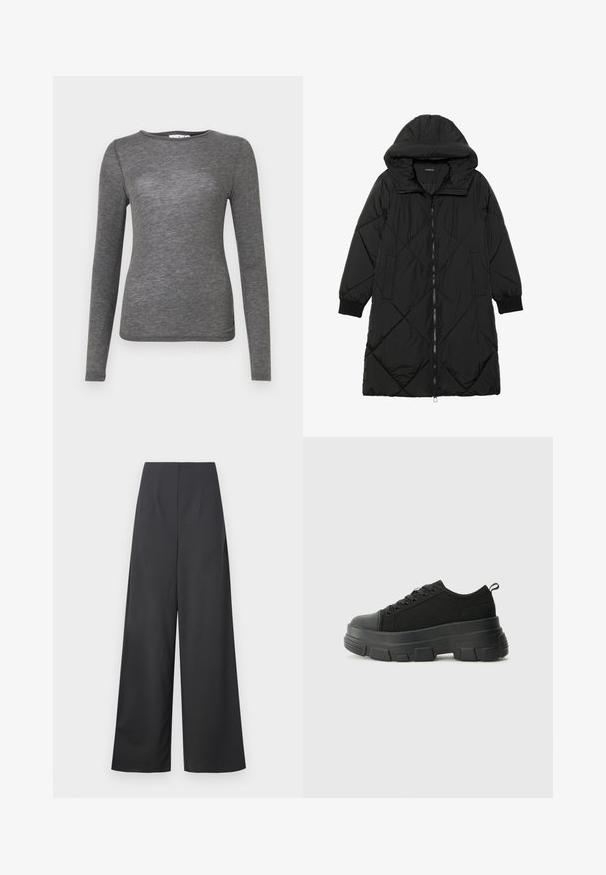 Juodas siūtais pūkų paltas su gobtuvu, turintis užtrauktuką, šonines kišenes ir elastines rankoves. Lygus, vandeniui atsparus audinys.; Ilga rankovė marškiniai iš švelnios pilkos medžiagos, prigludusio silueto su apvaliu kaklu ir lygia tekstūra, su minimaliais siūlais.; aukšto juosmens, plačių kojų kelnės tamsiai pilkos spalvos audiniu su lygiu paviršiumi. Neturi matomų kišenių ar papuošimų.; Juodos sportinės bateliai su stambiu guminiais padu, tekstūrizuotu audinio viršumi, apvaliu pirštu ir raištelių uždarymu. Yra sutvirtinti akių angos ir nugaros kilputė.