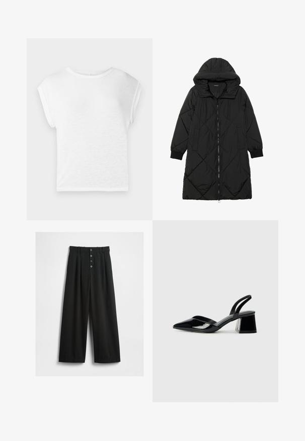Zwarte gewatteerde pufferjas met een capuchon, voorzien van een ritssluiting, zijzakken en elastische manchetten. Glad, waterafstotend materiaal.; Witte t-shirt met korte mouwen en een ronde halslijn. Zachte, lichte stof, relaxte pasvorm, met kapmouwen en een rechte zoom.; Zwarte wijde broeken gemaakt van een gestructureerde stoffen. Kenmerken zijn een hoge taille, een sluiting met vijf knopen aan de voorkant en persplooien voor extra detail.; Zwarte gepatineerde leren slingback hakken met een spitse neus en een geometrische blokhak. Kenmerkt zich door een slank, minimalistisch ontwerp en een gladde textuur.