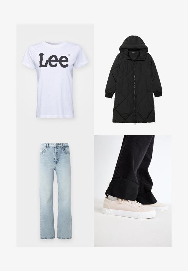 Juodas siūtais pūkų paltas su gobtuvu, turintis užtrauktuką, šonines kišenes ir elastines rankoves. Lygus, vandeniui atsparus audinys.; Baltos medvilnės marškinėliai su apvaliu iškirpimu, trumpomis rankovėmis ir dideliu juodu "Lee" logotipu, atspausdintu ant priekio. Lygi tekstūra, standartinio kirpimo.; Šviesiai mėlynos džinsinės kelnės su aukštu liemeniu, plačiomis kojomis ir švelniu blukimu. Turi klasiką penkių kišenių dizainą ir metalinį mygtuko uždarymą.; Šviesiai smėliniai drobiniai sportbačiai su baltais guminiais padais, raišteliais ir diskrečiais šoniniais akcentais, derinami su juodomis, nunešiotomis plačiomis kelnėmis.