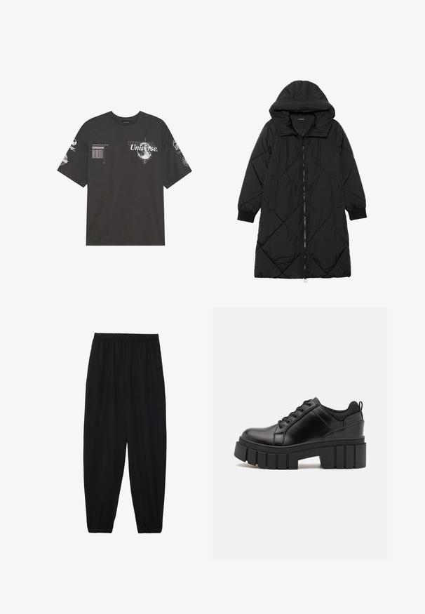 Sort quiltet pufferjakke med hætte, med lynlåslukning, sidelommer og elastiske manchetter. Glat, vandafvisende stof.; Sort bomulds T-shirt med korte ærmer, rund hals, trykte grafikker inklusive tekst og månemotiver på fronten og ærmerne.; Sort, lette bukser med elastisk talje og sammenfoldede ankler. Stoffet er glat og har et afslappet, indsnævret design.; Sorte læder platform sko med en klodset blokhæl, rund tå og traditionelt snøredesign. Har en glat tekstur og minimal detaljering.