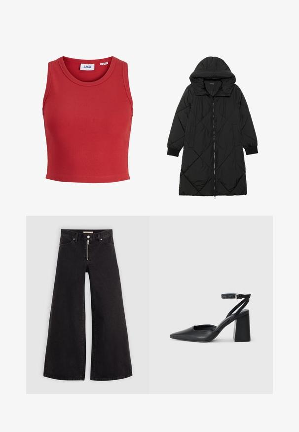 Sort quiltet pufferjakke med hætte, med lynlåslukning, sidelommer og elastiske manchetter. Glat, vandafvisende stof.; Rød ribbet ærmeløs crop top med rund halsudskæringer og en sammenføjet kant. Har et mærke indeni kraven. Blødt, struktureret stof.; Vide ben jeans i sort denim med lynlås foran, fem lomme-design og subtile stikninger. Glat tekstur og afslappet stil.; Sort læder spidse pumps med ankelrem og en chunky hæl. Flad tekstur, slankt design og minimalistisk æstetik.