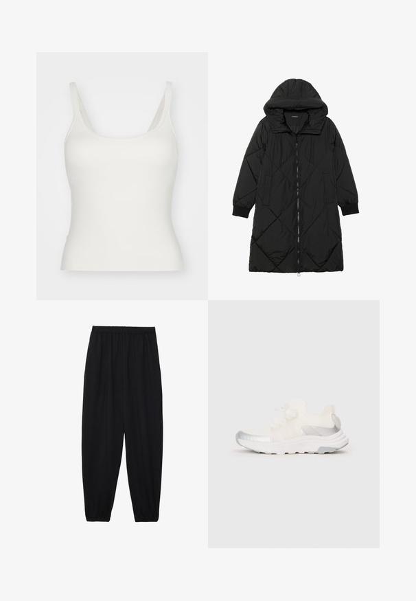 Black quilted puffer coat with a hood, featuring a zip closure, side pockets, and elastic cuffs. Smooth, water-resistant fabric.; White tank top with thin straps, made of smooth, stretchy material. Features a scoop neckline and a fitted silhouette. No patterns or accents.; Black, lightweight pants with an elastic waistband and gathered ankles. The fabric is smooth and features a relaxed, tapered design.; White athletic sneaker with textured upper, metallic silver accents on the sides and toe, and a cushioned sole. Laces tied in a bow.