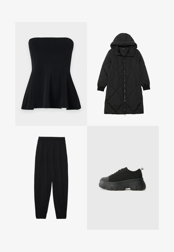 Schwarze, gesteppten Puffermantel mit Kapuze, ausgestattet mit einem Reißverschluss, seitlichen Taschen und elastischen Bündchen. Glattes, wasserabweisendes Material.; Schwarzes, trägerloses Top aus glattem Stoff, mit einem taillierten Oberteil und ausgestellt geschnittenem Saum. Keine Verzierungen oder Muster. Sauberes, schlichtes Design.; Schwarze, leichte Hosen mit einem elastischen Bund und gerafften Knöcheln. Der Stoff ist glatt und hat ein entspanntes, schmal zulaufendes Design.; Schwarze Sneakers mit einer dicken Gummisohle, strukturiertem Obermaterial, runder Zehenpartie und Schnürdesign. Verfügt über verstärkte Ösen und eine Schlaufe an der Rückseite.