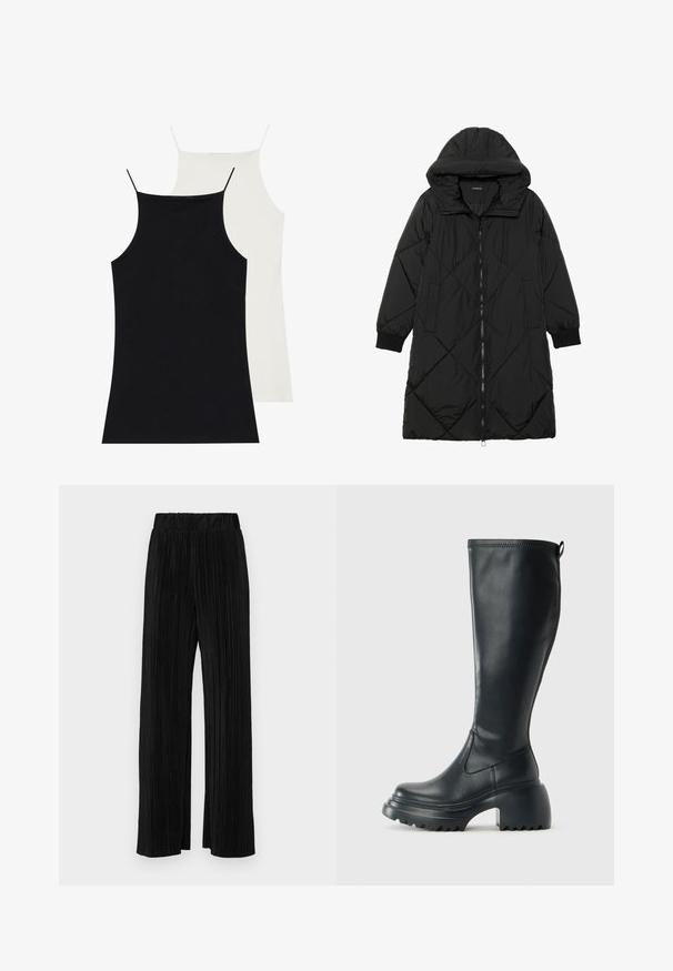 Sort quiltet pufferjakke med hætte, med lynlåslukning, sidelommer og elastiske manchetter. Glat, vandafvisende stof.; To tanktoppe i sort og hvid, lavet af blødt stof. Begge har tynde stropper og en tætsiddende design med en glat tekstur.; Sorte plisserede bukser med elastisk talje. Har brede ben og et glat, tekstureret stof med lodrette striber.; Høj sort læderstøvle med kraftig platformssål og blokhæl, med trækstrop og tekstureret sål.