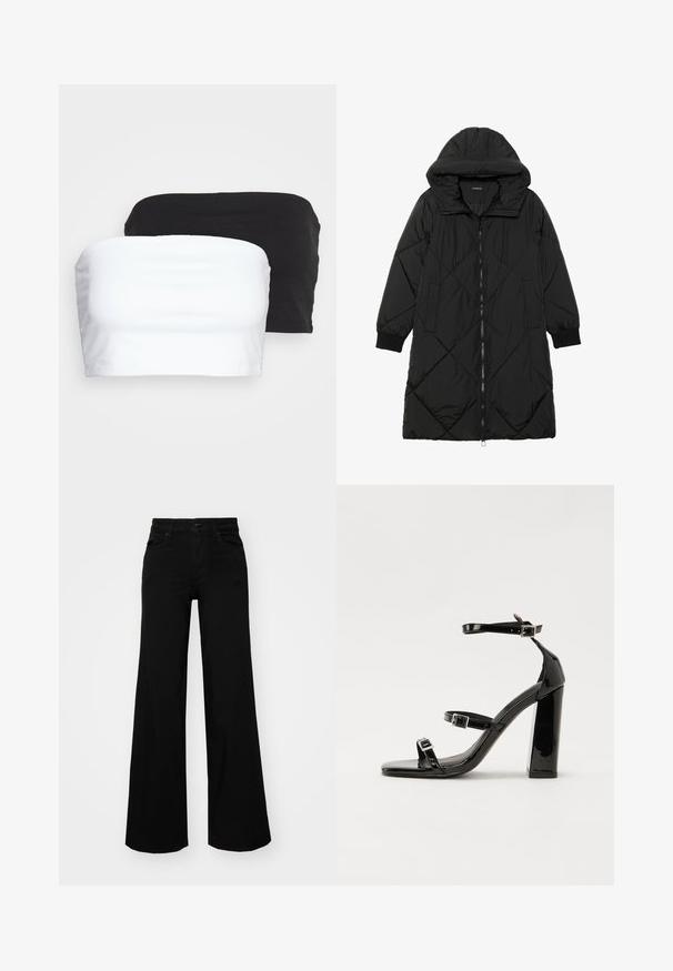 Černá prošívaná péřová bunda s kapucí, vybavená zipovým zapínáním, bočními kapsami a elastickými manžetami. Hladká, voděodolná tkanina.; Dvě bezramínkové crop topy v černé a bílé barvě, vyrobené z elastické bavlněné látky. Hladký povrch s jednoduchým designem a bez viditelných švů.; Černé široké kalhoty vyrobené z denimu, s pevným pasem, poutky na opasek a předními kapsami. Hladká textura s klasickým designem.; Černé lakované sandály na podpatku se čtveratou špičkou, lýtkovými pásky a stříbrnými přezkami. Disponují masivním blokovým podpatkem pro stabilitu.