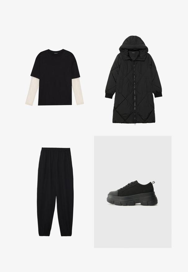 Black quilted puffer coat with a hood, featuring a zip closure, side pockets, and elastic cuffs. Smooth, water-resistant fabric.; Black T-shirt made of cotton, featuring short sleeves over a white long-sleeve layer with a subtle textured pattern. Crew neckline design.; Black, lightweight pants with an elastic waistband and gathered ankles. The fabric is smooth and features a relaxed, tapered design.; Black sneakers with a chunky rubber sole, textured fabric upper, round toe, and lace-up design. Features reinforced eyelets and back pull tab.
