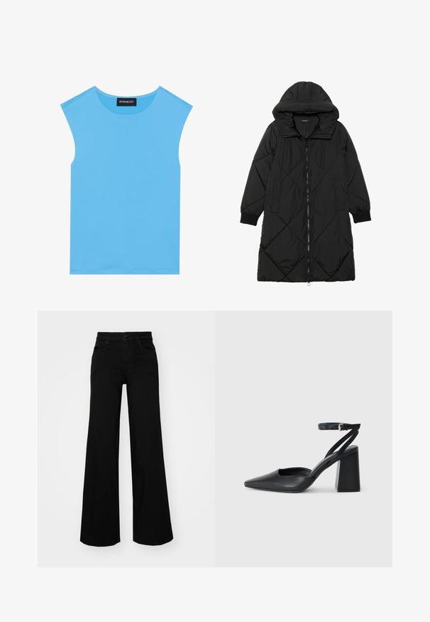 Schwarze, gesteppten Puffermantel mit Kapuze, ausgestattet mit einem Reißverschluss, seitlichen Taschen und elastischen Bündchen. Glattes, wasserabweisendes Material.; Blaues ärmelloses Top aus glattem Stoff, mit einem runden Ausschnitt und klaren Linien, ohne zusätzliche Verzierungen oder Muster.; Schwarze weit geschnittene Hose aus Denim, mit einem strukturierten Bund, Gürtelschlaufen und Fronttaschen. Glatte Textur mit klassischem Design.; Schwarze Leder-Pumps mit spitzer Zehe, einem Knöchelriemen und einem blockigen Absatz. Flache Textur, elegantes Design und minimalistische Ästhetik.