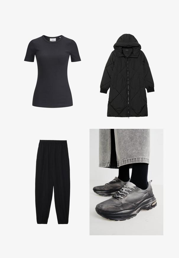 Zwarte gewatteerde pufferjas met een capuchon, voorzien van een ritssluiting, zijzakken en elastische manchetten. Glad, waterafstotend materiaal.; Zwarte geribbelde T-shirt met korte mouwen en een ronde hals. Gemaakt van een zachte, rekbare stof, met een subtiele textuur en een aansluitende snit.; Zwarte, lichte broek met een elastische tailleband en gathered enkels. De stof is glad en heeft een ontspannen, taps toelopend ontwerp.; Zwarte en grijze sport schoenen hebben een mesh bovenkant, dikke zolen en veters. Ze hebben een ronde neus en zichtbare dempingsdetails.