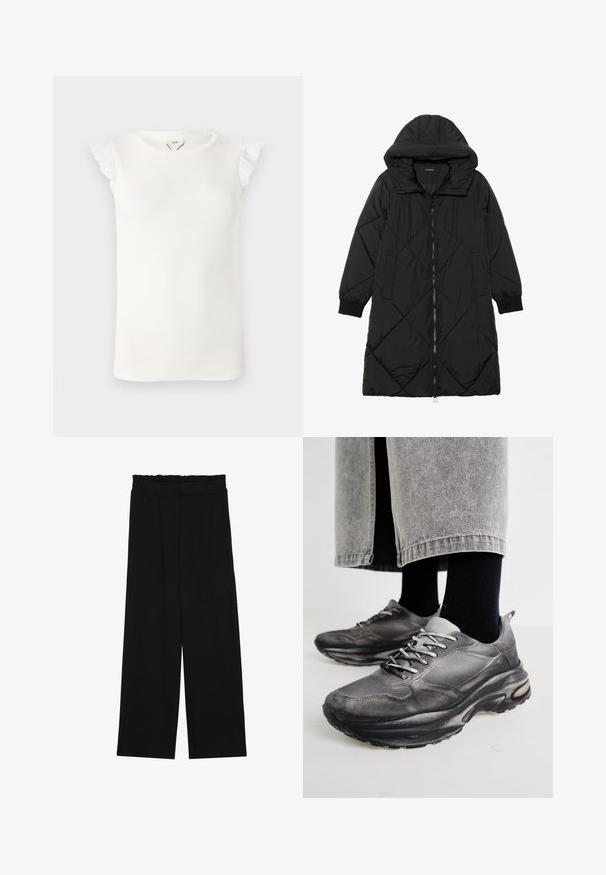 Abrigo acolchado negro con capucha, que cuenta con cierre de cremallera, bolsillos laterales y puños elásticos. Fabricado con un tejido liso y resistente al agua.; Top blanco sin mangas con textura acanalada, que presenta acentos de volantes de encaje en los hombros y un escote redondo.; Pantalones de pierna ancha negros con una cintura con volantes, que cuentan con dos bolsillos laterales y una tela suave y ligera. Sin patrones visibles ni accesorios.; Las zapatillas deportivas en negro y gris cuentan con una parte superior de malla, suelas gruesas y cordones. Tienen una punta redondeada y un detalle de amortiguación visible.