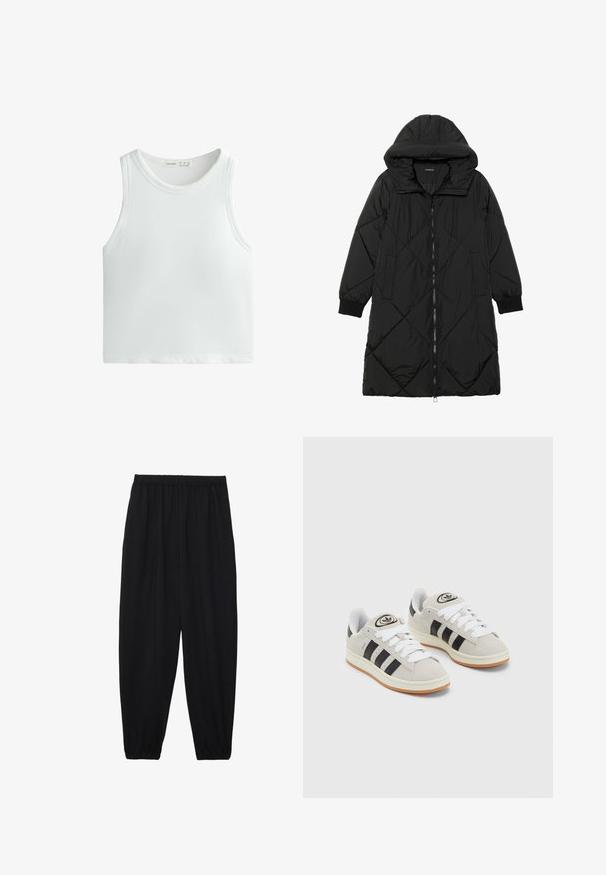 Czarna pikowana kurtka puchowa z kapturem, z zapięciem na zamek, bocznymi kieszeniami i elastycznymi mankietami. Gładki, wodoodporny materiał.; Biała, prążkowana koszulka na ramiączkach z szerokimi ramiączkami i okrągłym dekoltem. Wykonana z miękkiego, elastycznego materiału dla komfortu i dopasowania.; Czarne, lekkie spodnie z elastycznym pasem i ściągaczami na kostkach. Materiał jest gładki i ma luźny, zwężany krój.; Szare zamszowe trampki z białymi sznurówkami, czarnymi paskami i białą gumową podeszwą. Posiadają okrągłe logo na języku oraz gumową podeszwę.
