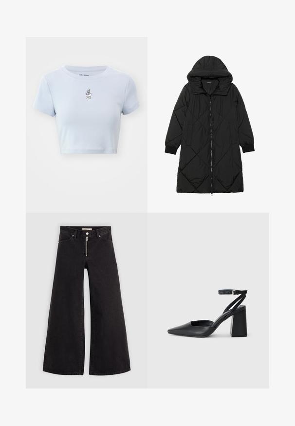 Fekete steppelt pufi kabát kapucnival, cipzáras záródással, oldalsó zsebekkel és elasztikus mandzsettákkal. Simább, vízlepergető anyag.; GAP TEE - Nyomott mintás póló - jet stream blue; Fekete denim széles szárú farmer, cipzáros elejével, öt zsebes kialakítással és diszkrét varrással. Sima textúra és laza stílus.; Fekete bőr, hegyes orrú magassarkú cipő boka pánttal és vastag sarokkal. Sima textúra, elegáns dizájn és minimális esztétika.