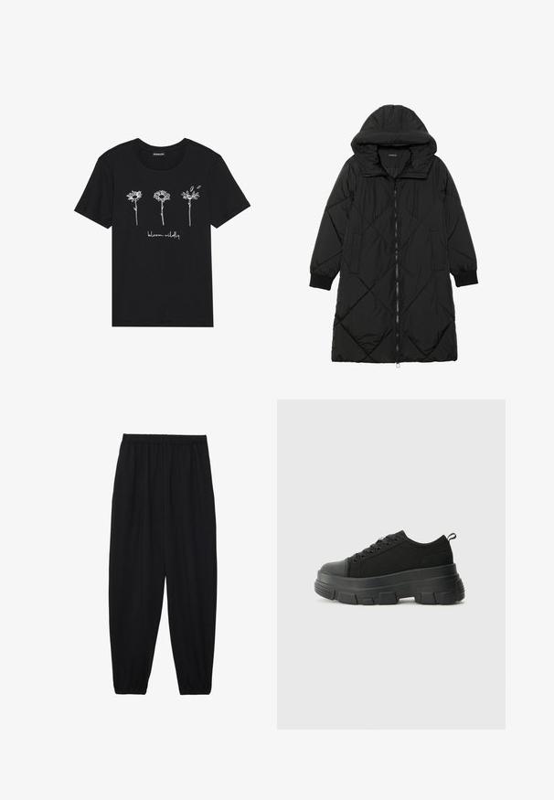 Črna prešita puffer jakna s kapuco, ki ima zadrgo, stranske žepe in elastične manšete. Gladek, vodoodporen material.; Črna bombažna majica s kratkimi rokavi, ki prikazuje bele linijske risbe treh cvetov in napis "bloom wildly" pod njimi. Okroglo izrezan ovratnik.; Črne, lahke hlače z elastičnim pasom in nabranimi gležnji. Tkanina je gladka in ima sproščen, taperiran dizajn.; Črne teniske z debelim gumijastim podplatom, zgornji del iz teksturirane tkanine, okrogla punta in zavezovanje z vrvicami. Vključujejo ojačane luknje za vrvice in zanko na hrbtu.