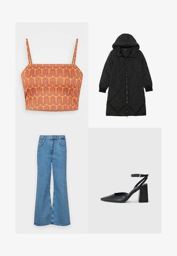 Cappotto imbottito nero trapuntato con cappuccio, caratterizzato da chiusura con zip, tasche laterali e polsini elastici. Tessuto liscio e resistente all'acqua.; Top corto multicolore con spalline sottili, caratterizzato da un motivo ondulato in arancione, rosso e marrone su un tessuto texture.; Jeans svasati di un blu chiaro, realizzati in denim, con vita alta, cinque tasche e chiusura a un bottone. Morbido al tatto con una finitura scolorita.; Pump in pelle nera con punta affusolata, cinturino alla caviglia e tacco spesso. Texture piatta, design elegante ed estetica minimalista.