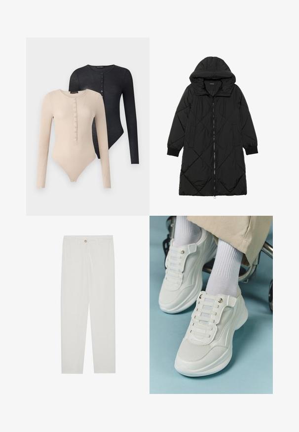 Črna prešita puffer jakna s kapuco, ki ima zadrgo, stranske žepe in elastične manšete. Gladek, vodoodporen material.; Dva bodija z dolgimi rokavi v bež in črni barvi. Vsak ima okroglo ovratnico, gumbe spredaj in rebrasto teksturo.; Bela, krojena hlače z ravnimi nogami, ki vključujejo gumbasto zapiranje, zanke za pas in stranske žepe; gladka tekstura tkanine.; Bele teniske z mrežastim materialom, gumene podplate, brez vezalk, z elastikami in zlatimi akcenti.
